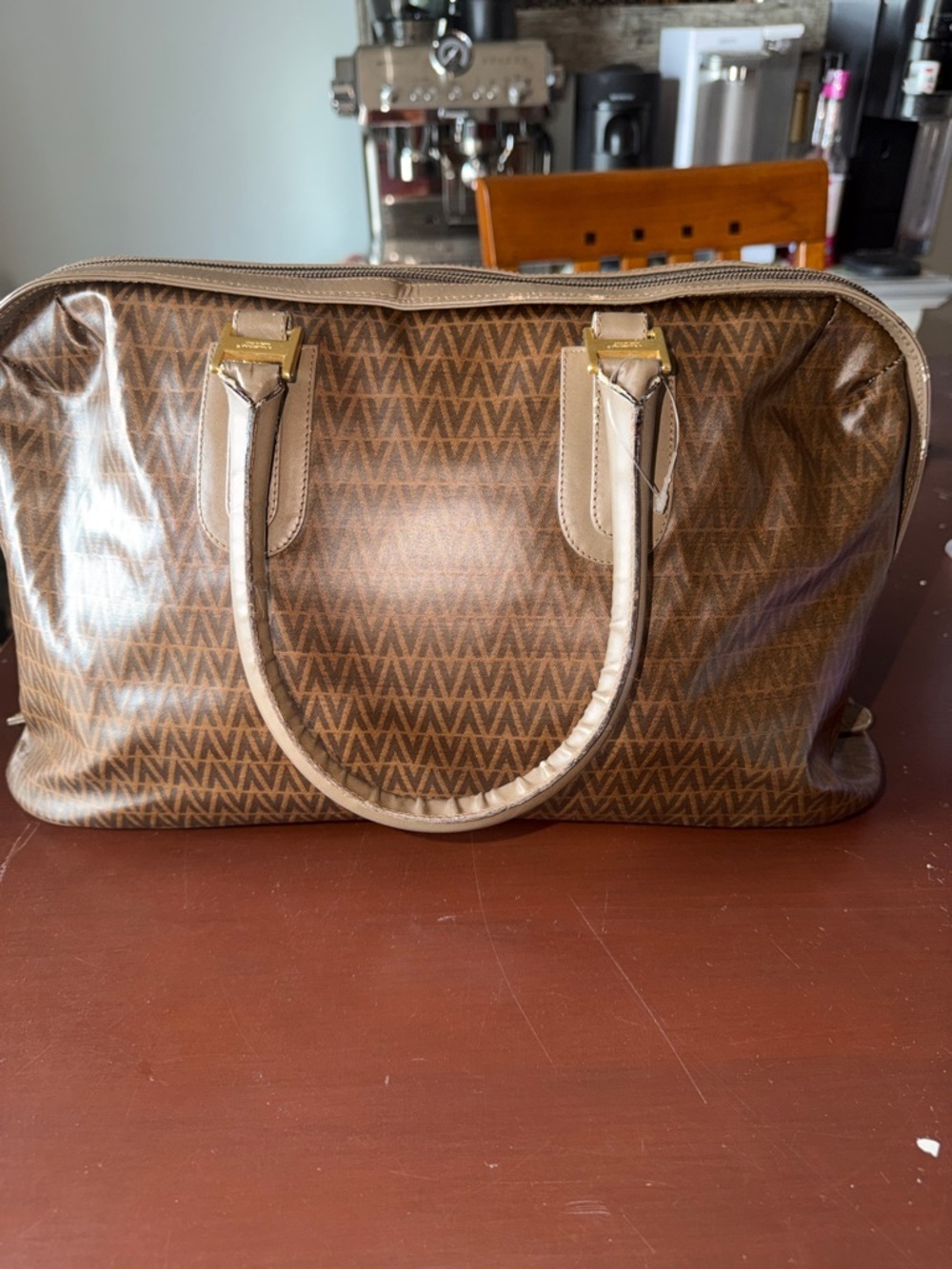Valentino Brown Monogram Satchel with Gold Hardware - Picture 3 of 12